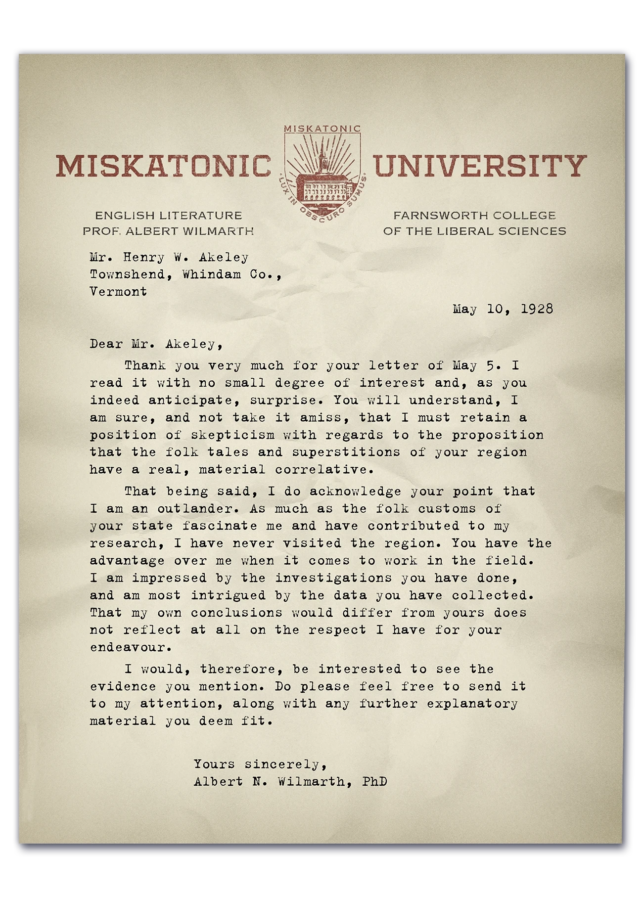 A letter on Miskatonic University headed paper.