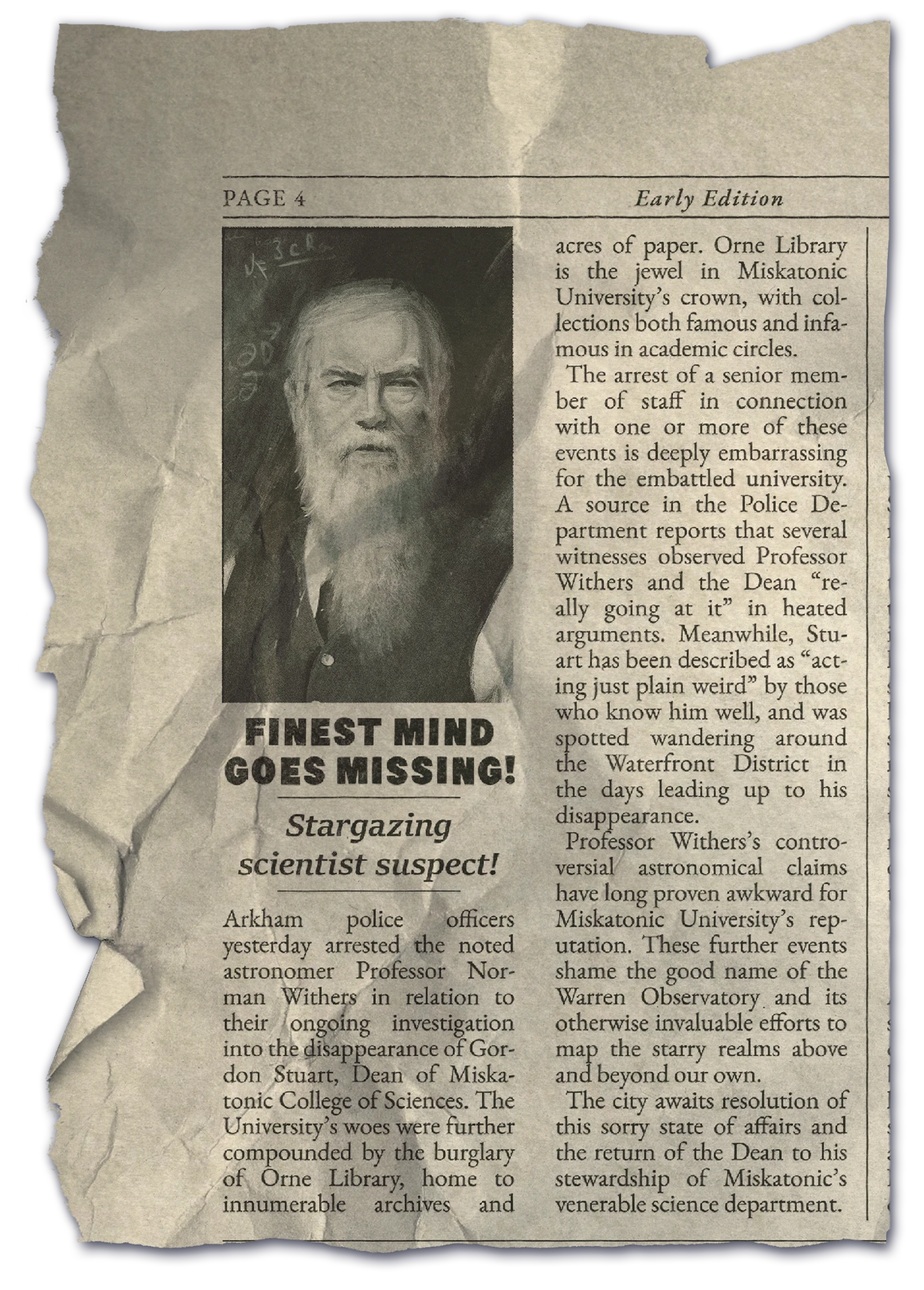 A clipping from the Arkham Advertiser with an image of Professor Norman Withers above the headline "Finest Mind Goes Missing!".