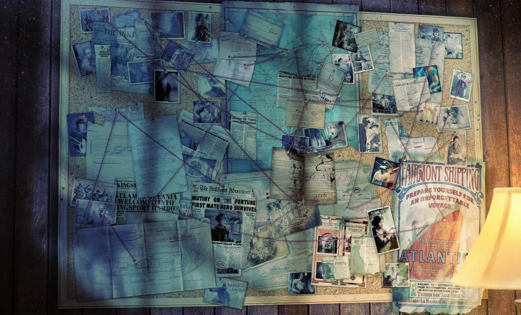 A sprawling range of evidence pinned to a corkboard.