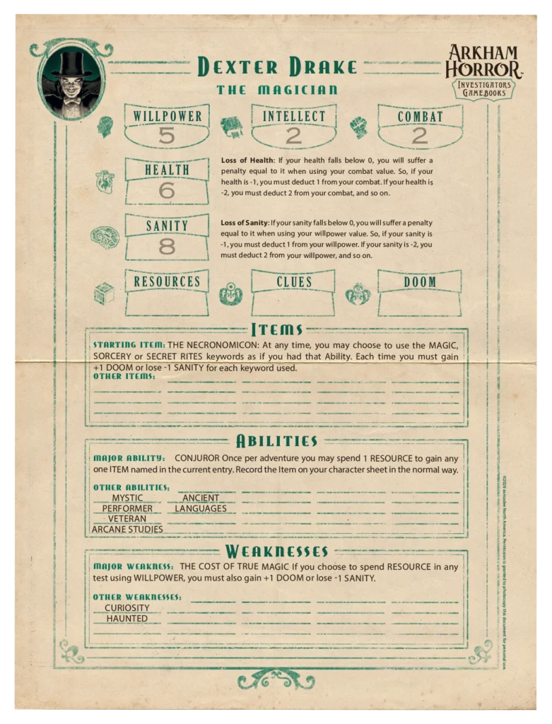 Arkham Horror Investigators Gamebooks Dexter Drake Character Sheet.