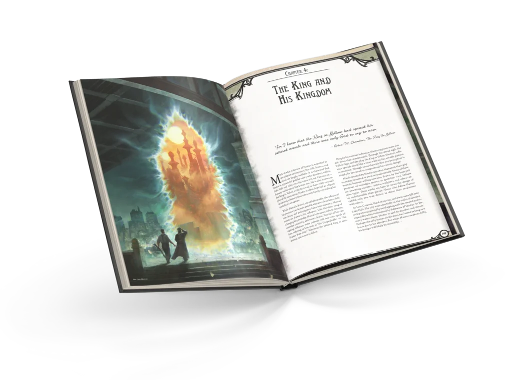Songs of New Orleans, Setting Guide for Arkham Horror: The Roleplaying Game, open on a spread titled "The King and His Kingdom", with an image of Carcosa.