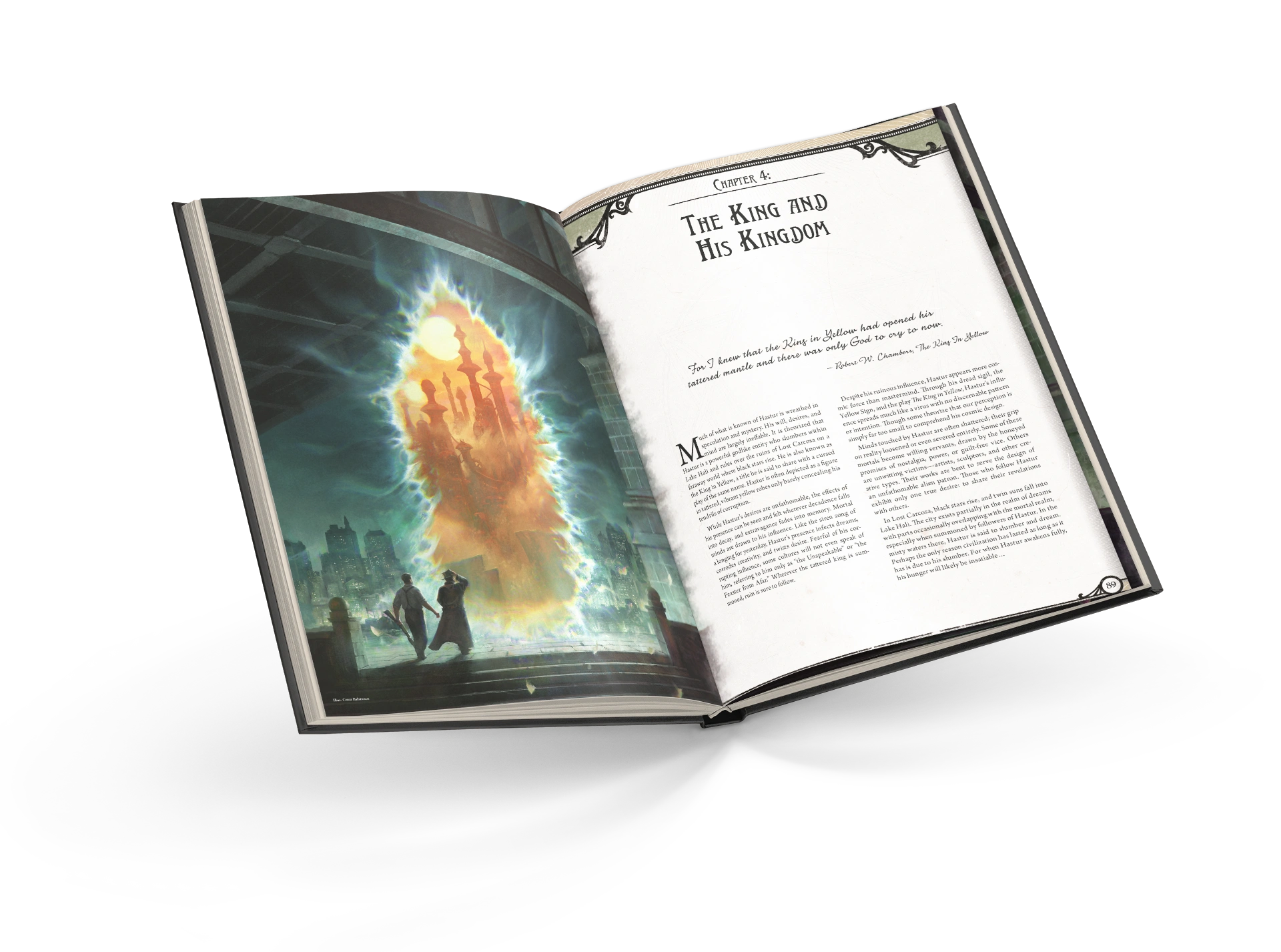Songs of New Orleans, Setting Guide for Arkham Horror: The Roleplaying Game, open on a spread titled "The King and His Kingdom", with an image of Carcosa.