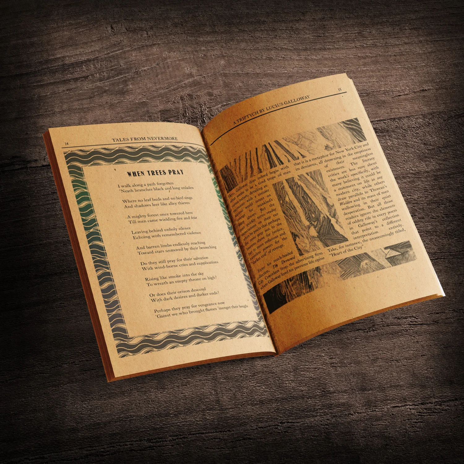 Open copy of "Tales from Nevermore" showing the poem "When Trees Pray".