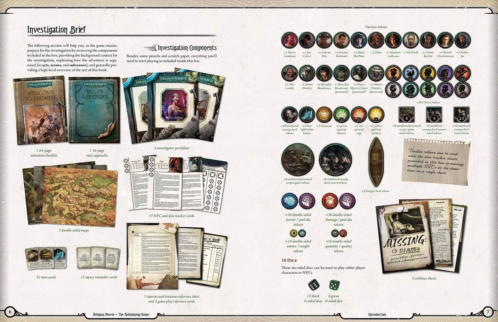 Booklet page spread featuring the components list.