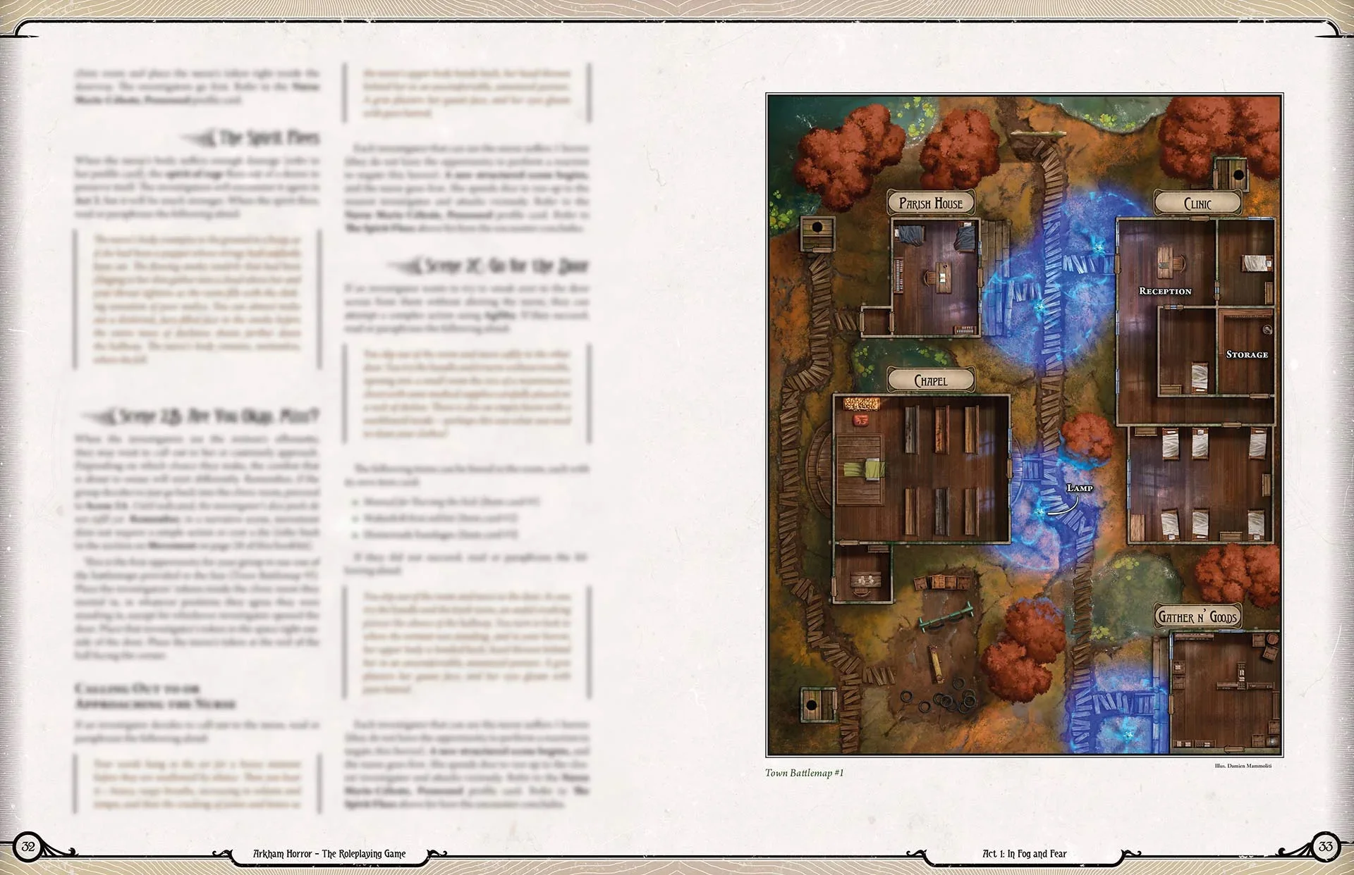 Booklet page spread featuring battle map of an adventure location.