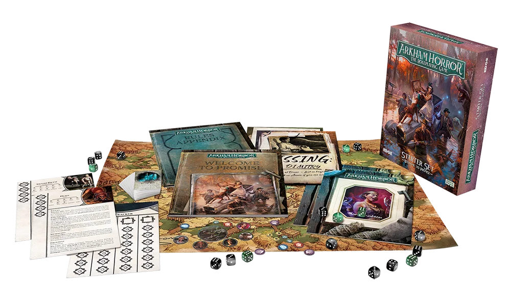 The box contents spread out including maps, booklets, dice, character sheets, cards, tokens, etc.