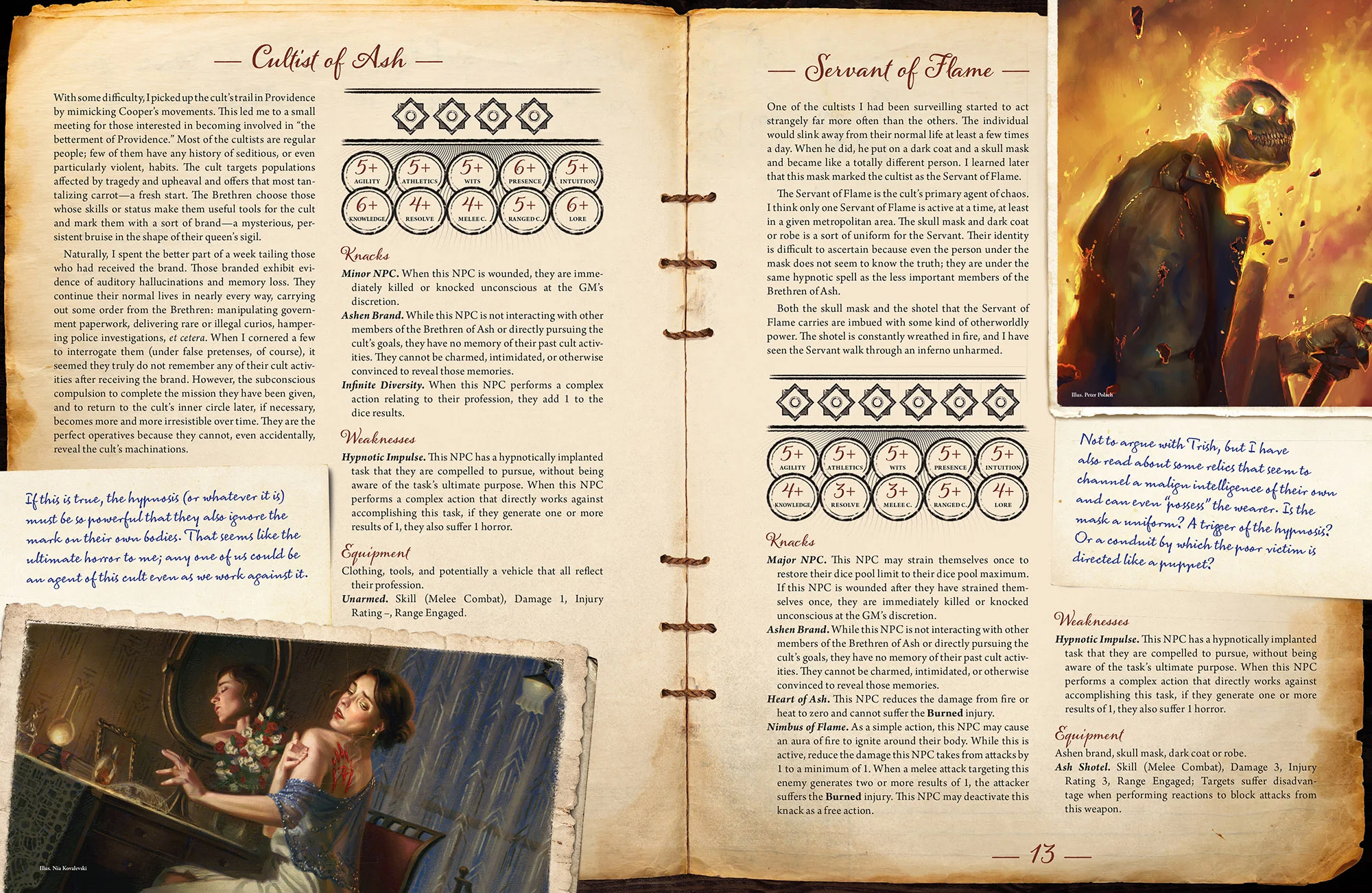 The Thompson Files sample page spread showing a cultist and monster entry from Brethren of Ash.