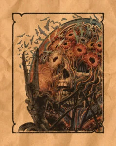 Decorative skull inside a glass globe.