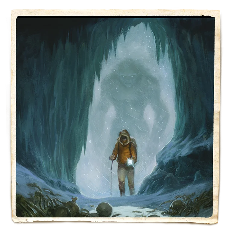 An explorer in an ice cave with the shadow of a sasquatch behind him.