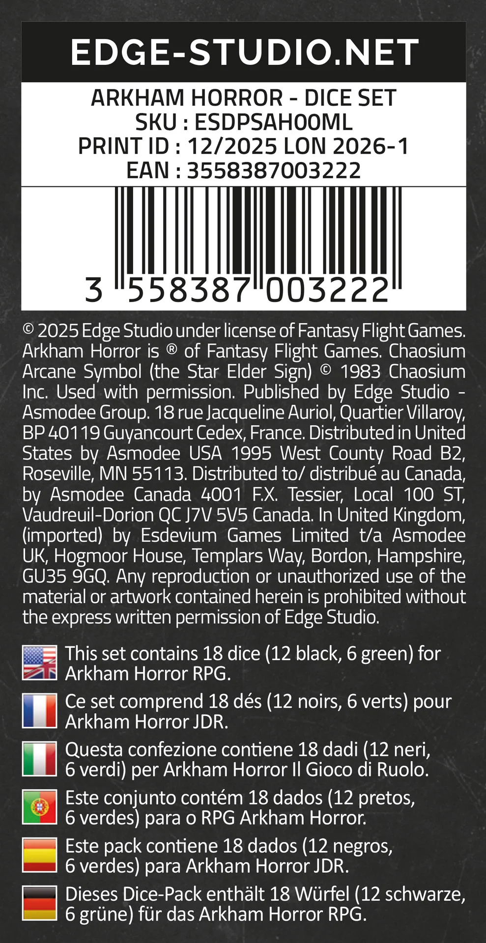 Arkham Horror RPG Dice Set box back