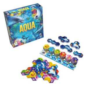 Boîte et éléments du jeu de société Aqua