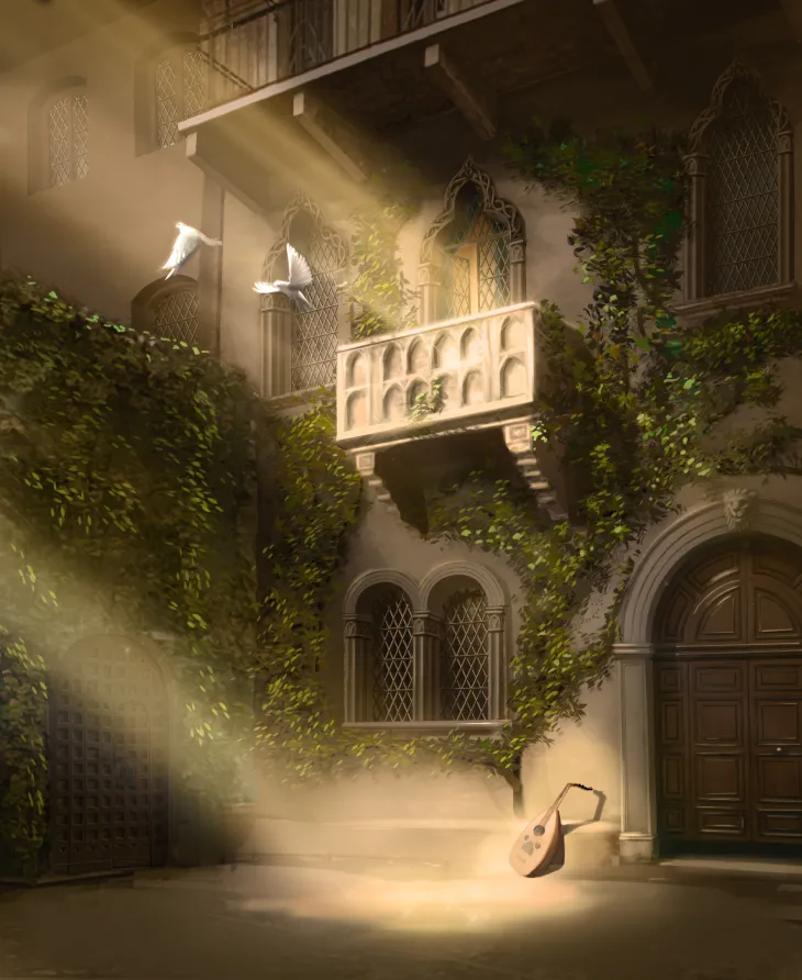 Illustration balcon de Juliette tirée du jeu de société Roméo et Juliette