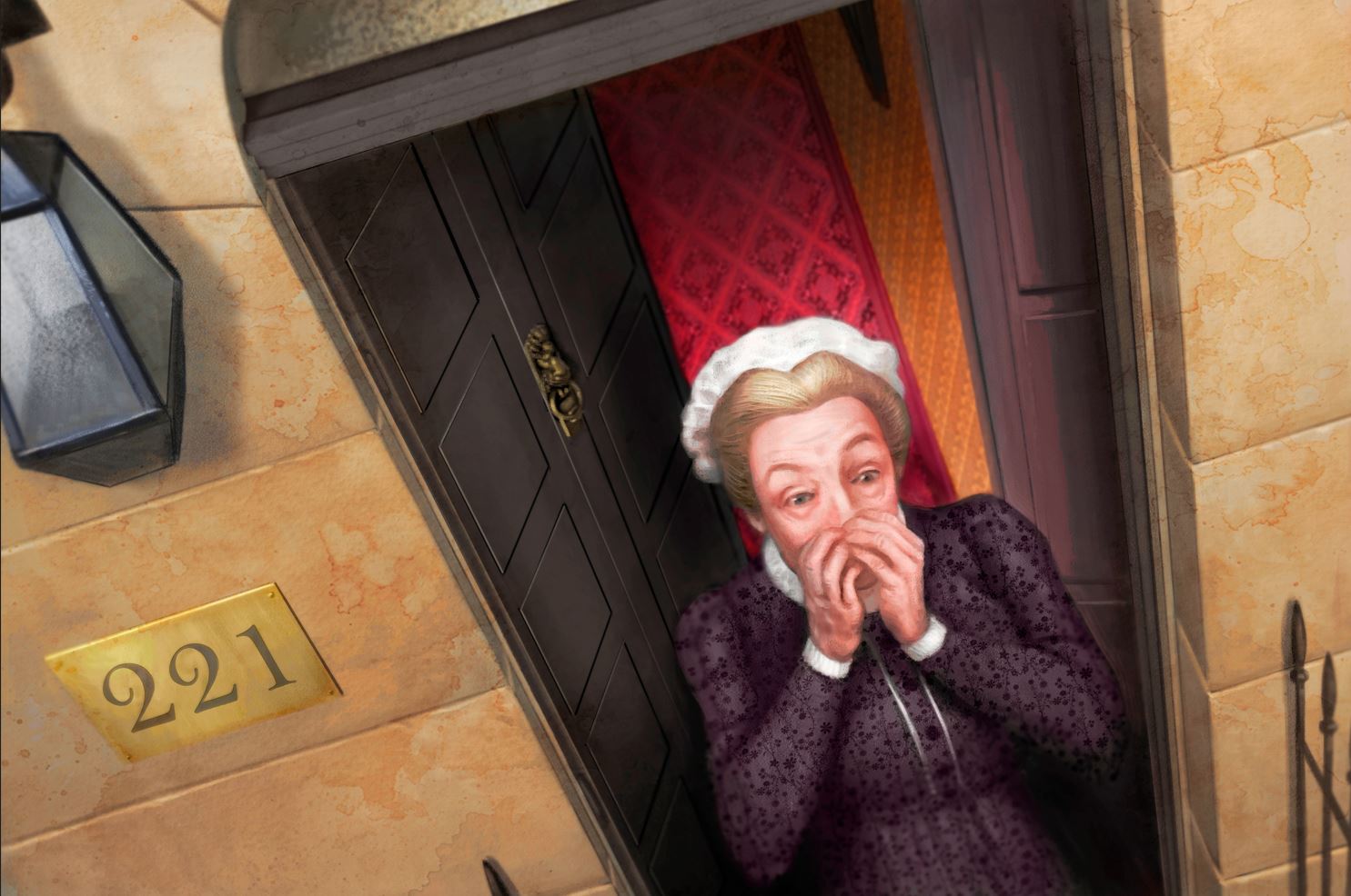 illustration vieille dame terrifiée issue du jeu de société Sherlock Holmes détective conseil
