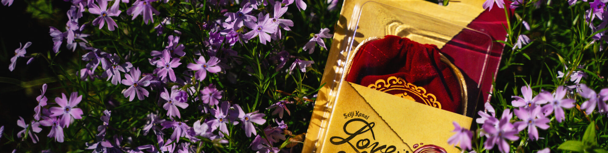 Boîte jeu de société Love Letter posée dans des fleurs