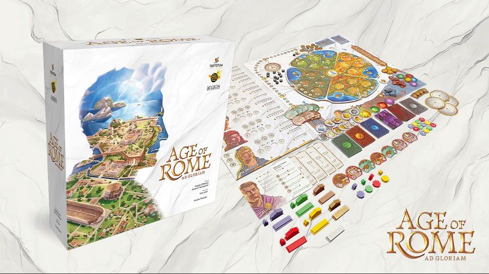 Matériel et boîte du jeu de société Age of Rome