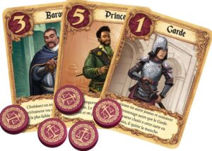 3 cartes du jeu de société Love Letter ainsi que des jetons