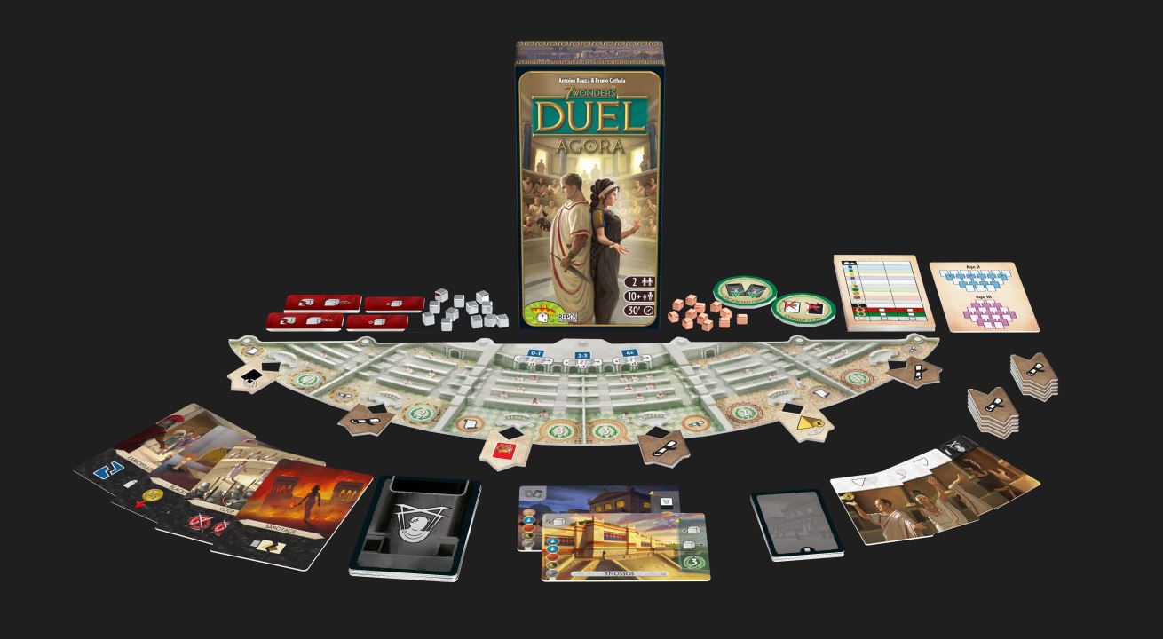 Boîte et éléments de l'extension Agora, pour le jeu de société 7 Wonders Duel