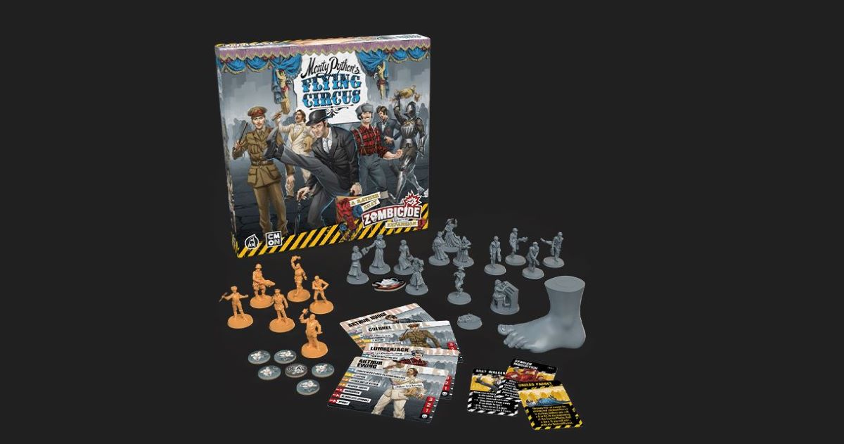 Eléments et boîte du jeu de société Monty Python's Flying Circus pour Zombicide