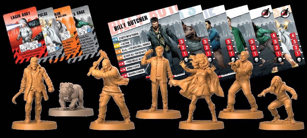 Boîte et éléments de l'extension The Boys, pour Zombicide