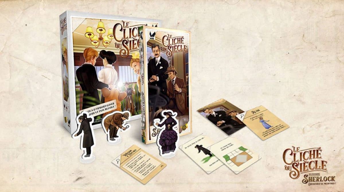 Boîte et éléments du jeu de société Le Cliché du Siècle et son extension Sherlock