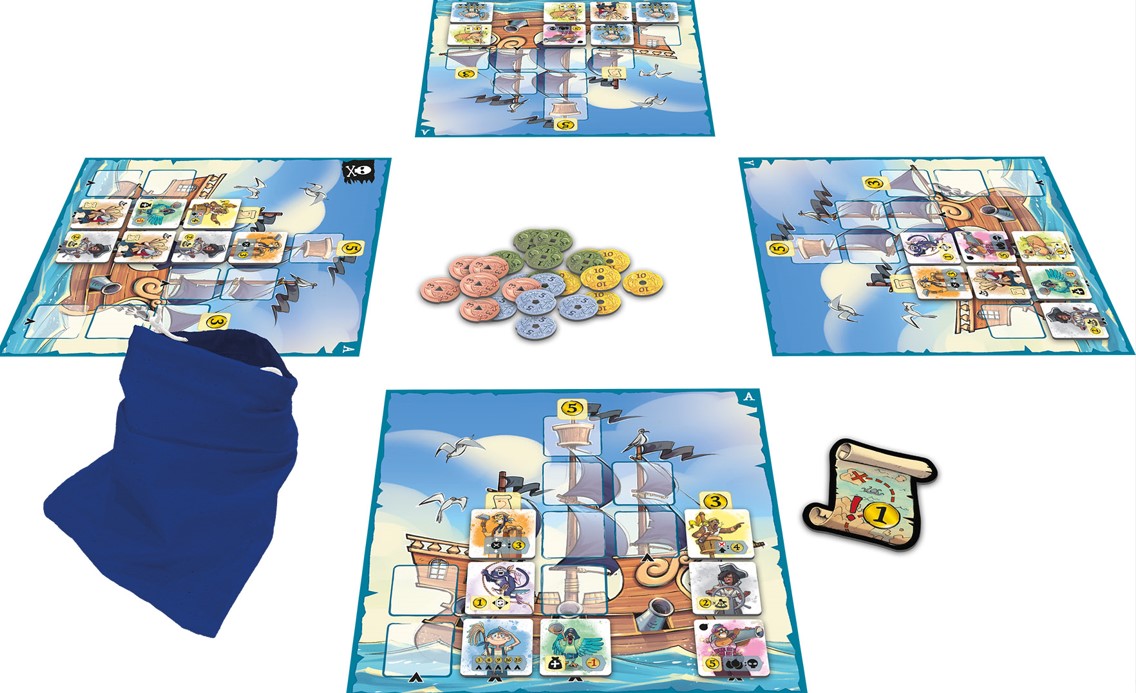 Le matériel du jeu de société Captain Flip, notamment les plateaux des joueurs où on peut voir un bateau pirate.