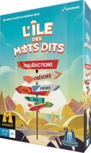 Boîte du jeu de société l'Ile des mots Dits avec un dessin de panneau multi-directionnel