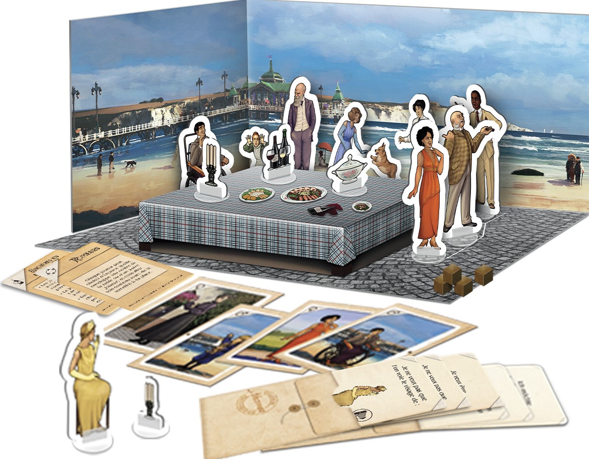 Intérieur du jeu de société Cliché du siècle, avec des personnages à placer en carton