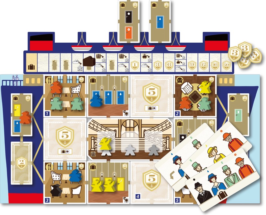 Le jeu de société Come Sail away avec un plan du bateau et les pions des passagers.