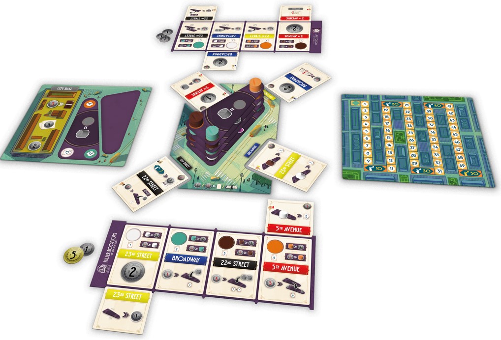 Plateau du jeu de société Flat Iron avec un élément central où se construit le building et des plateaux individuels pour chacun des joueurs.