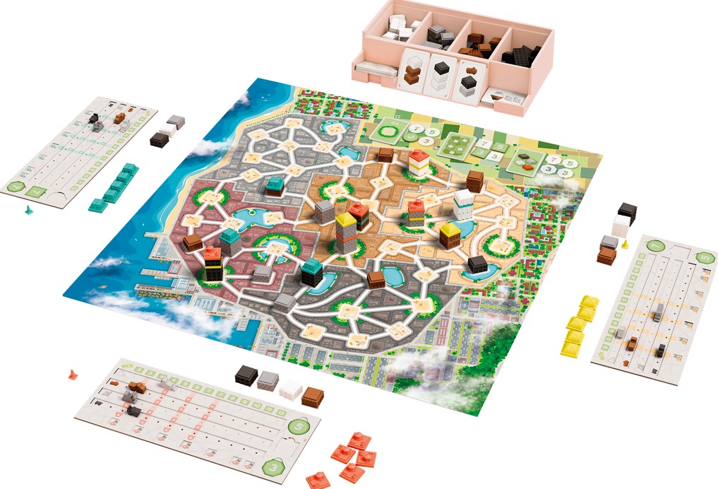 Le plateau coloré du jeu de société Tower Up qui représente un centre ville avec des tours placées.