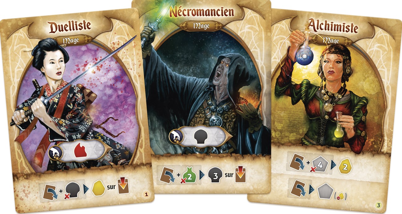 3 cartes personnages du jeu de société Res Arcana.