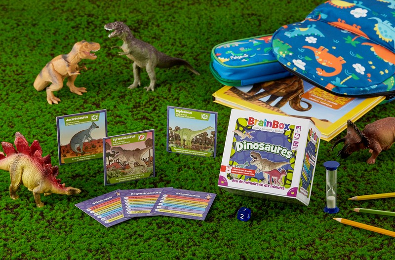 le jeu brainbox dinosaures posé sur l'herbe verte