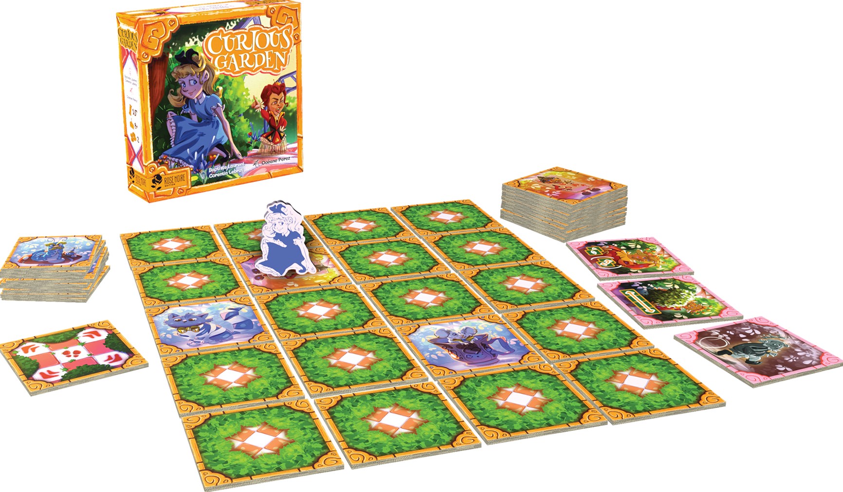 plateau et boîte du jeu curious garden