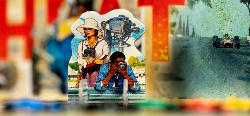 Illustration tirée du jeu de société Heat qui montre des personnages avec des appareils photo et caméras.