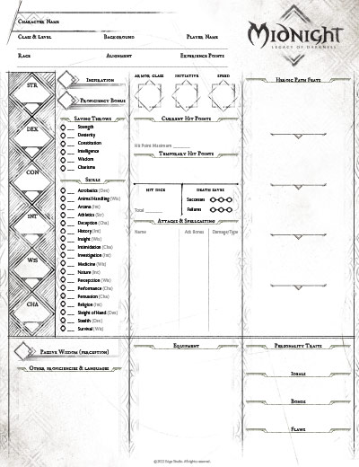 Midnight free Character Sheets - Edge Studio