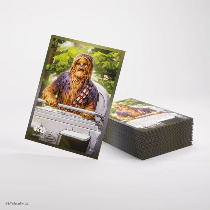 Protège-cartes Gamegenic Star Wars Unlimited Chewbacca : dos illustré et pile de pochettes