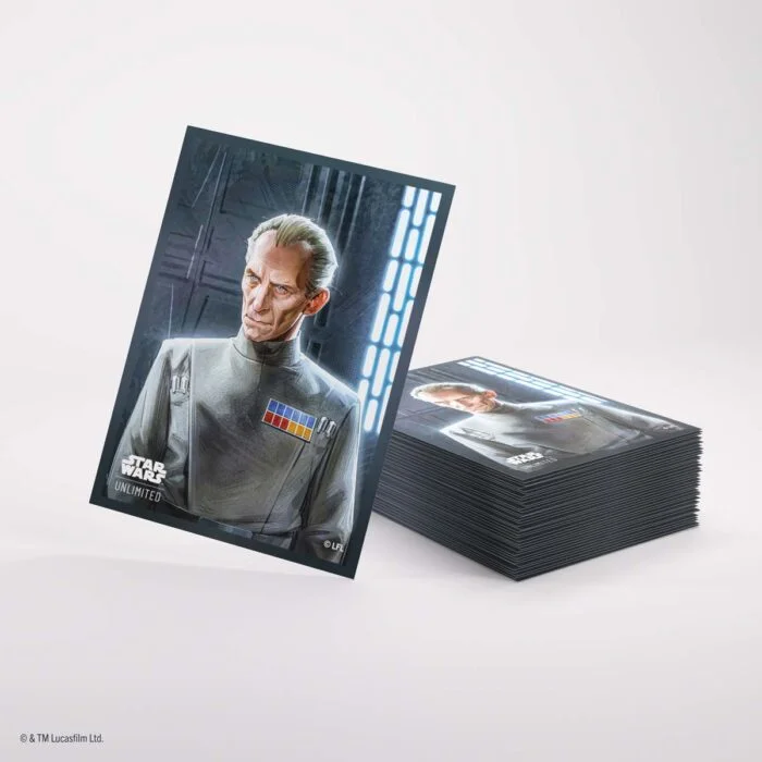 Protège-cartes Gamegenic Star Wars Unlimited Grand Moff Tarkin : dos illustré et pile de pochettes
