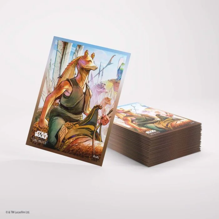 Protège-cartes Gamegenic Star Wars Unlimited Jar Jar Binks : dos illustré et pile de pochettes
