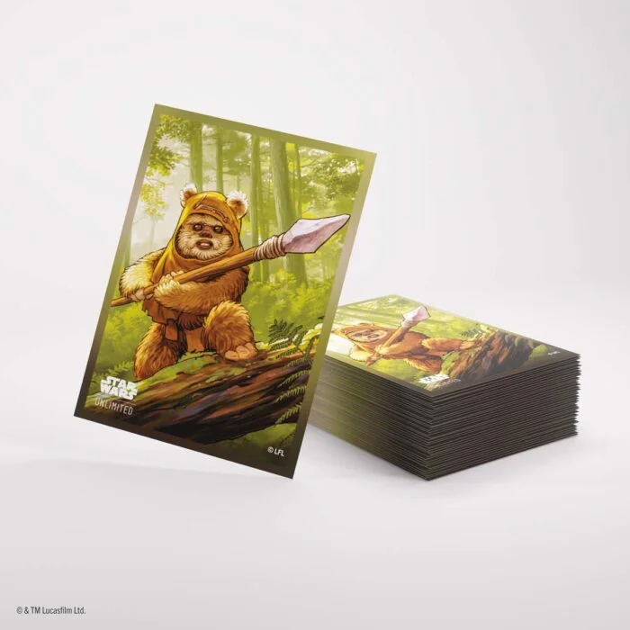 Protège-cartes Gamegenic Star Wars Unlimited Wicket : dos illustré et pile de pochettes
