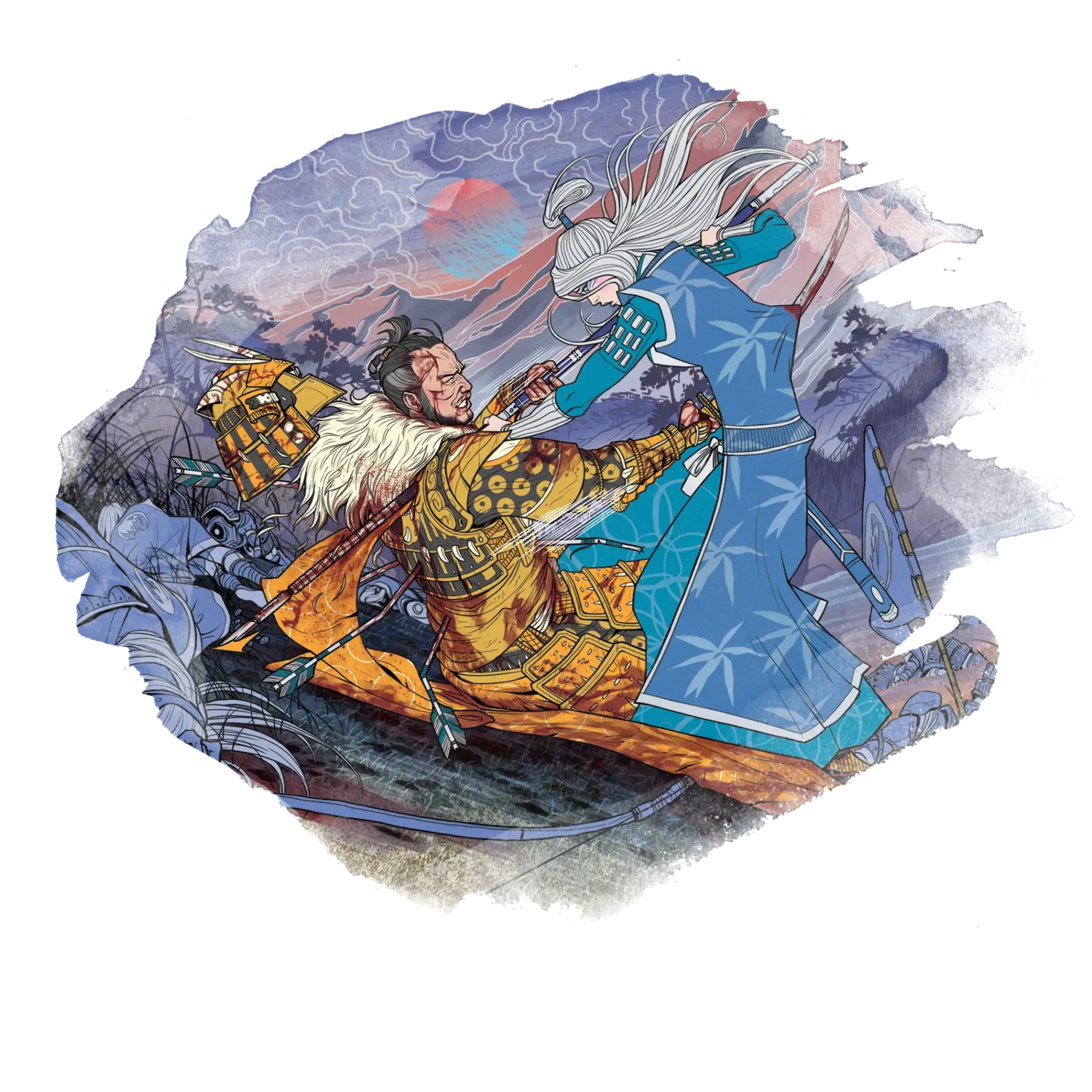 An illustration of a Lion and Crane samurai exchanging lethal blows