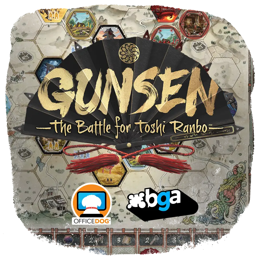 Gunsen board gameplay on BGA with Gunsen, Office Dog, and Board Game Arena logos