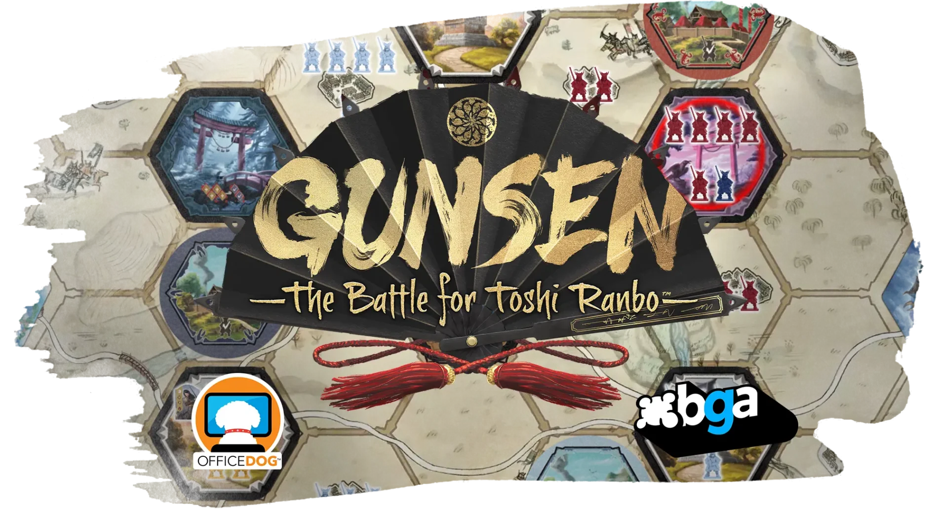 Gunsen board gameplay on BGA with Gunsen, Office Dog, and Board Game Arena logos