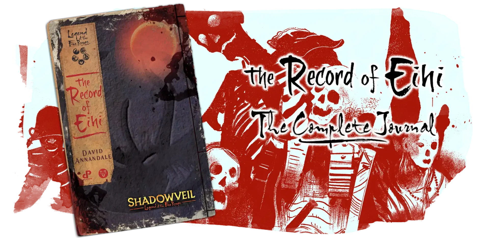 Record of Eihi fiction graphic depicting skeletal warriors in a rough ink style, and a rendering of the book.