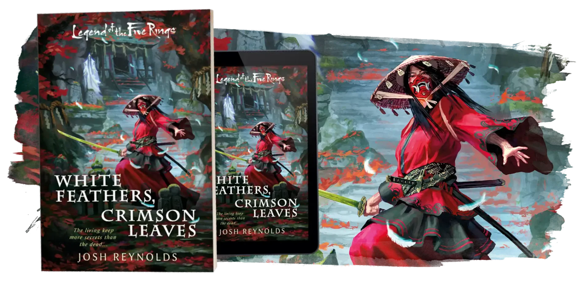 White Feathers, Crimson Leaves novel graphic depicting a Scorpion Clan samurai in a haunted shrine, and a rendering of the book.