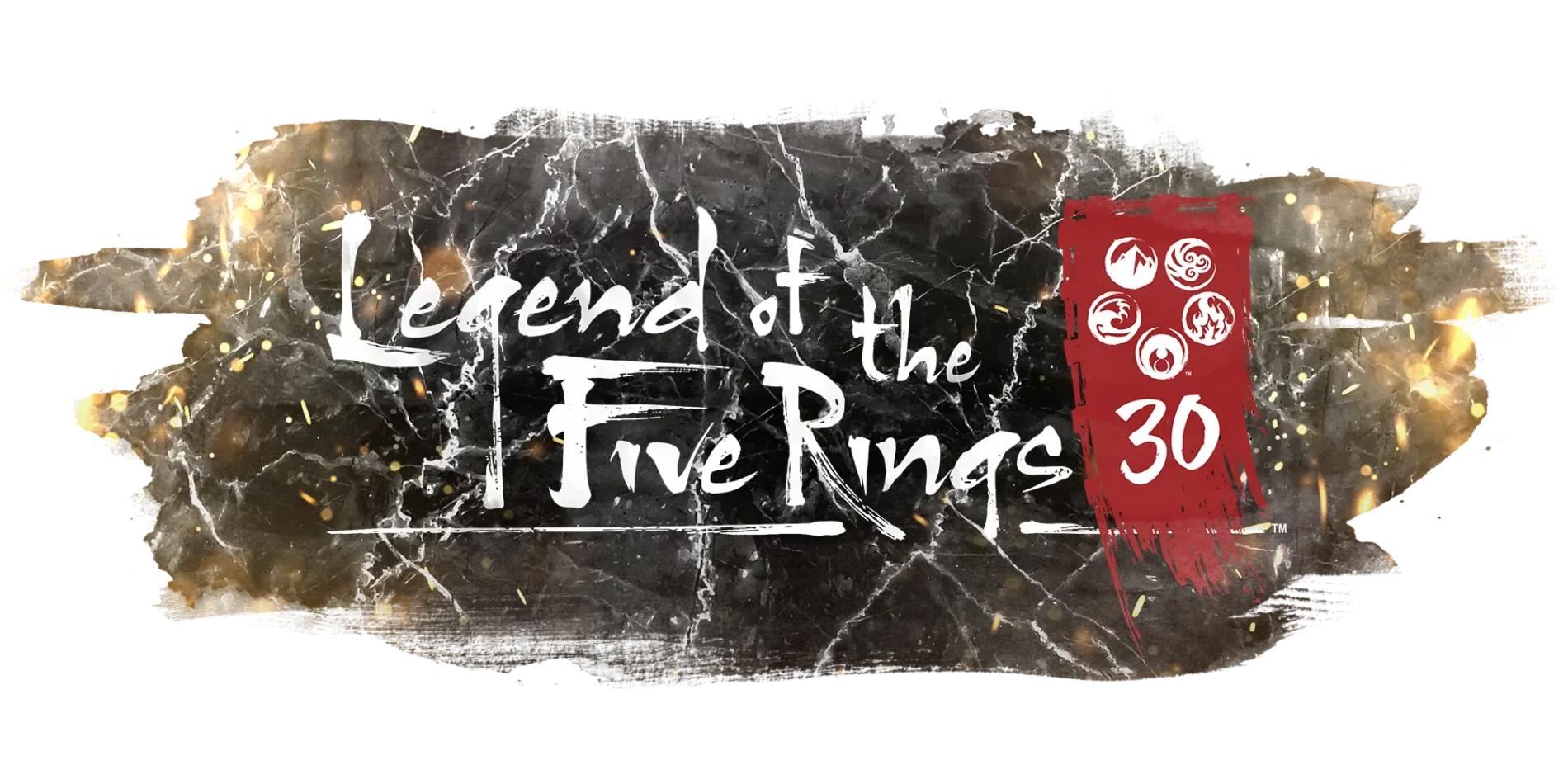 30 Years of Legend of the Five Rings graphic - logo and black marble background.