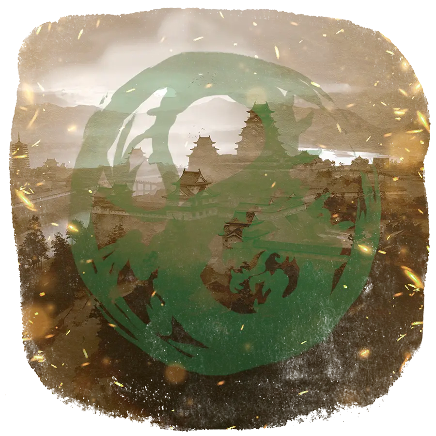 Dragon clan mon atop an image of Toshi Ranbo on parchment with sparks flying around the edges