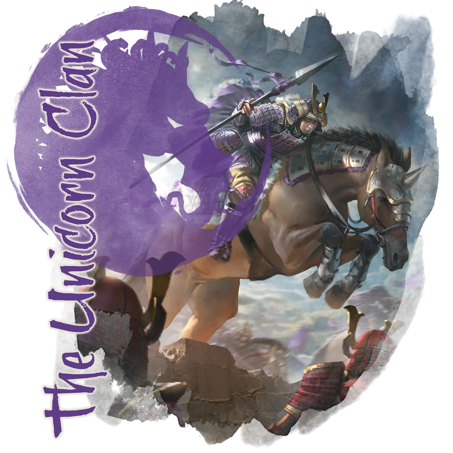 An illustration of a Unicorn Clan mounted warrior.