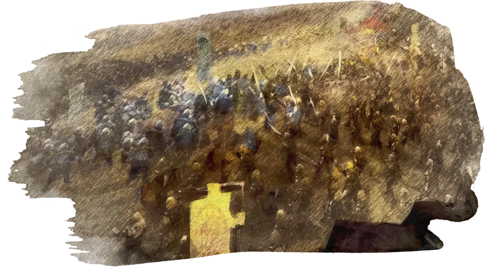 An illustration of the Crane and Lion clans fighting in a battle.