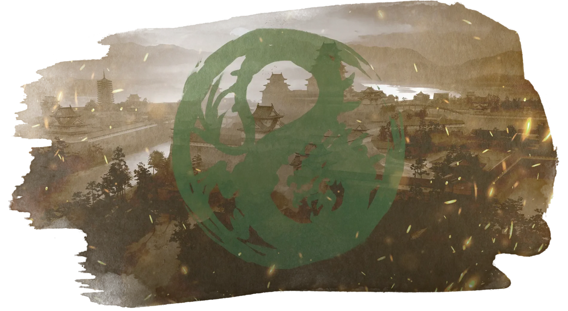 Dragon clan mon atop an image of Toshi Ranbo on parchment with sparks flying around the edges