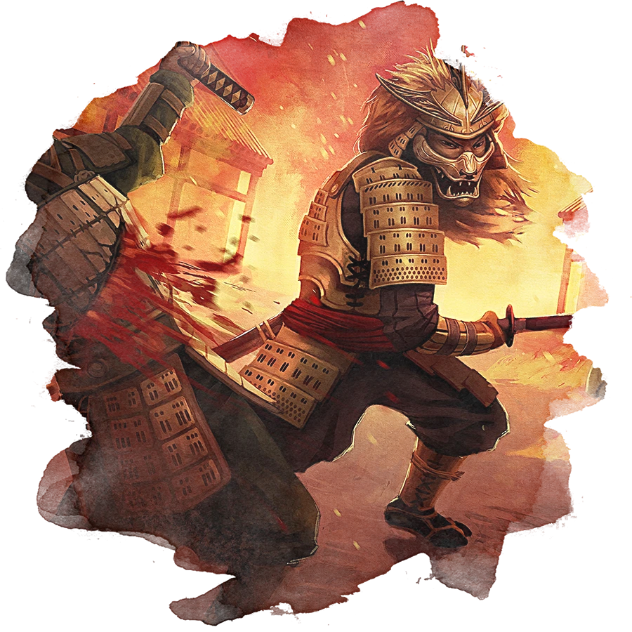 A Lion Clan samurai in an ornate helmet cleaves through his foe with a katana.